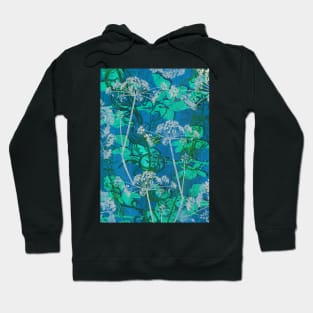 English Hedgerow Block Print Design in Teal and Blue Hoodie